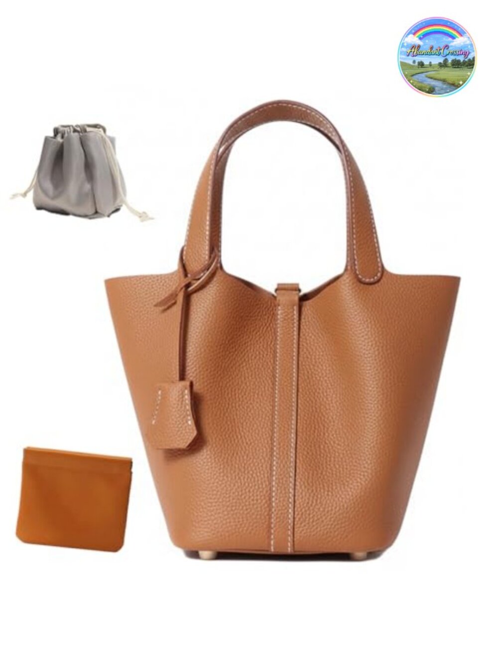 Genuine Leather Bucket Bag Top-Handle Satchel Handbag with Lock